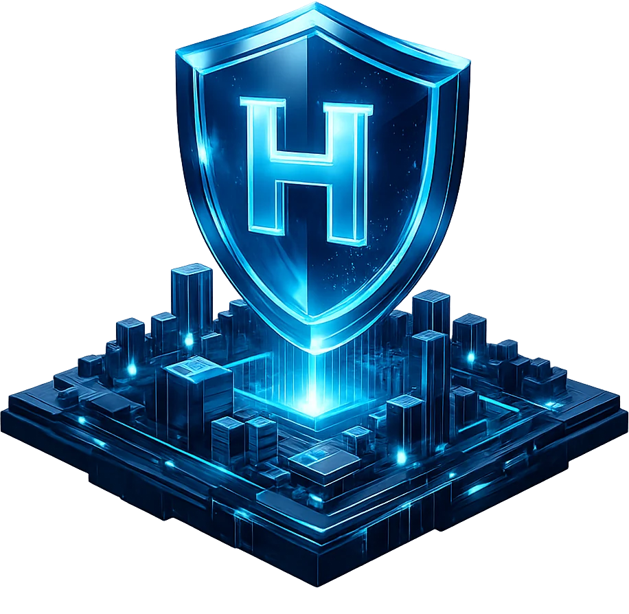 Dark castle bearing the metallic Hermes Shield crest against a futuristic city