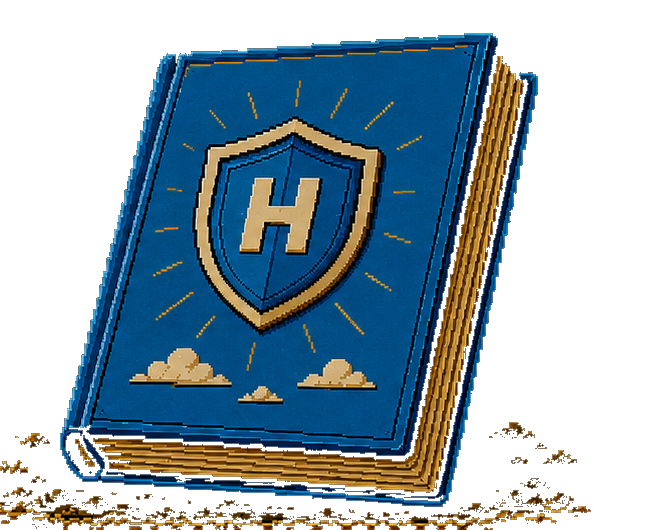 Pixel-art blue book bearing the Hermes Shield crest