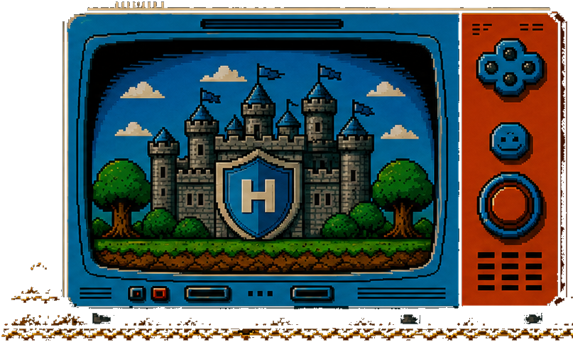 Retro TV console showing a pixel-art castle bearing the Hermes Shield crest